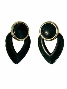 Vintage Forest Green Drop Earrings Gold Tone Round Cabochon Modernist Dangle